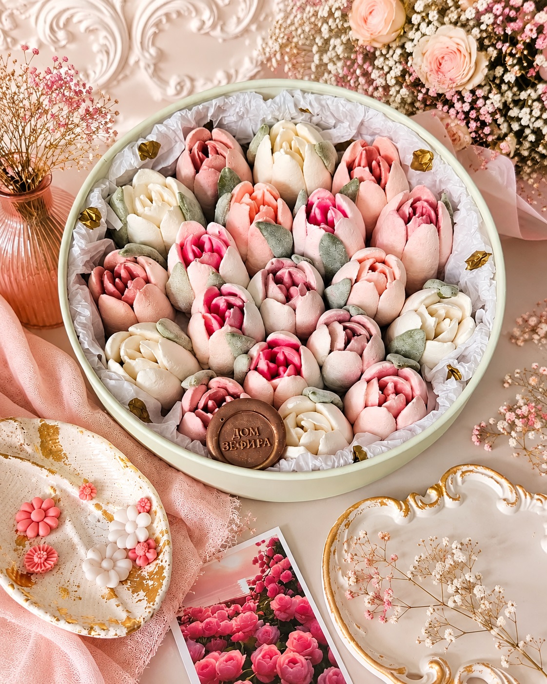 Зефирные тюльпаны 25 см, круглая коробка